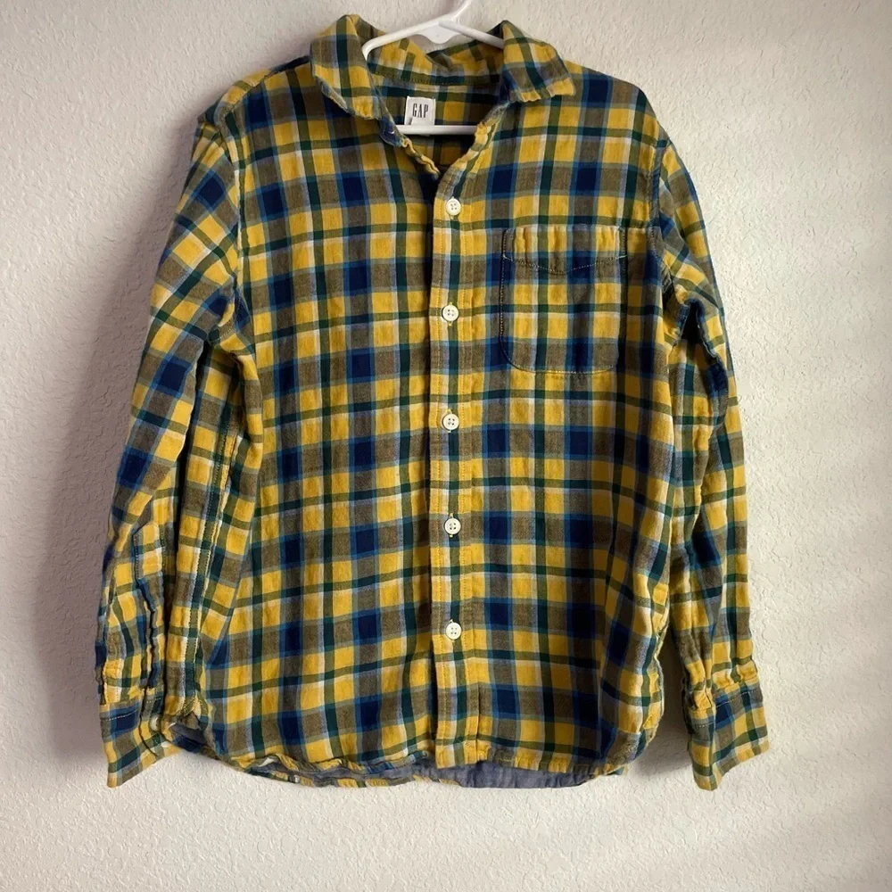 GAP Yellow and Blue Plaid Kids Button Down Shirt size M/8